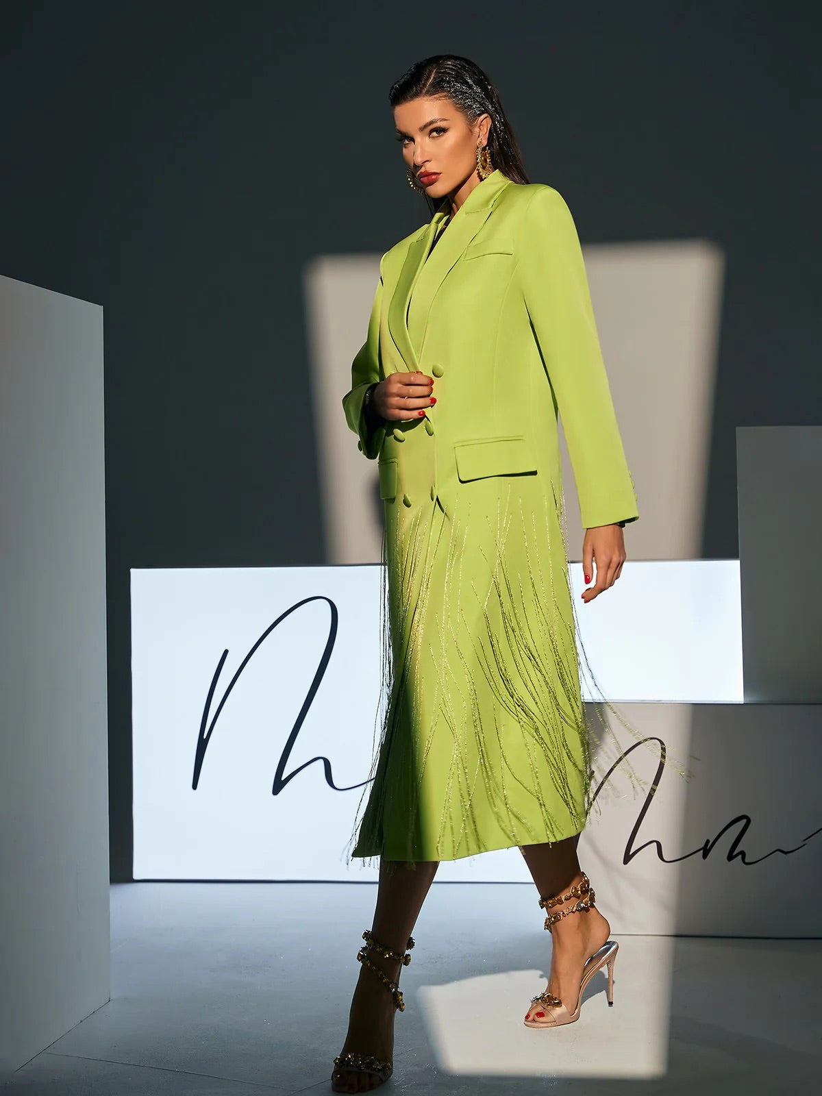 Neon green crystal fringe blazer coat (8293490622702)