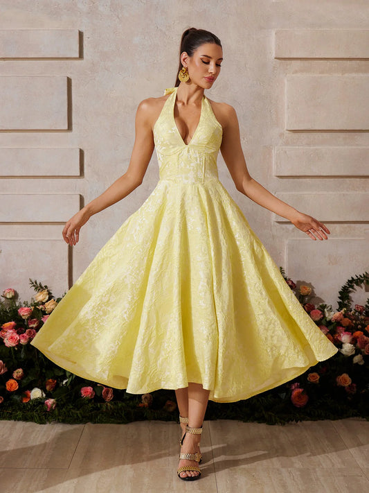 Rosalie Yellow Halter Midi Dress