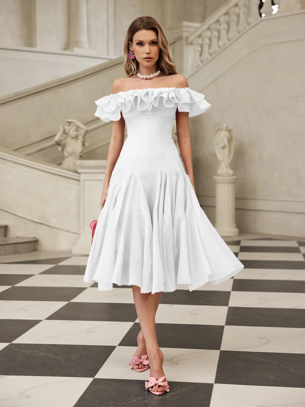 Amélie Off Shoulder Ruffle Midi Dress