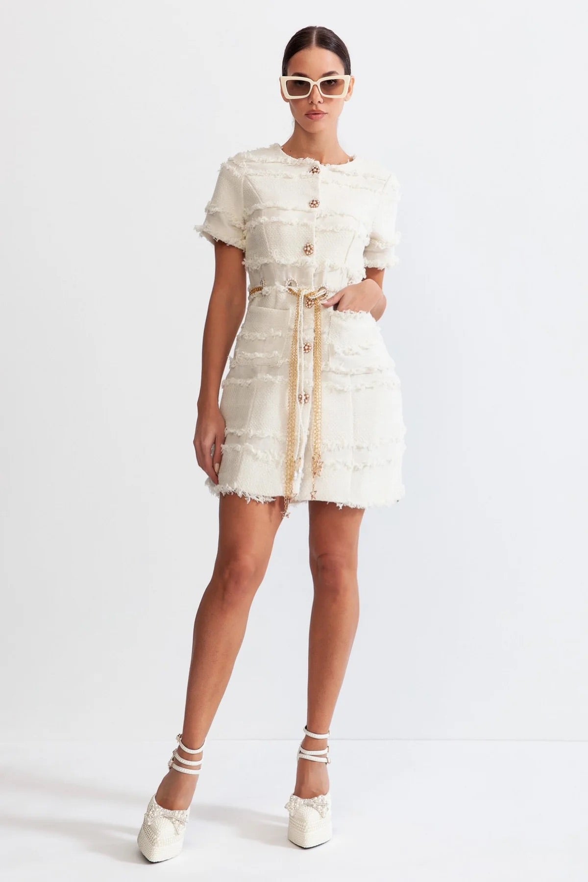 Pearl chain belt mini tweed dress (8284703916270)