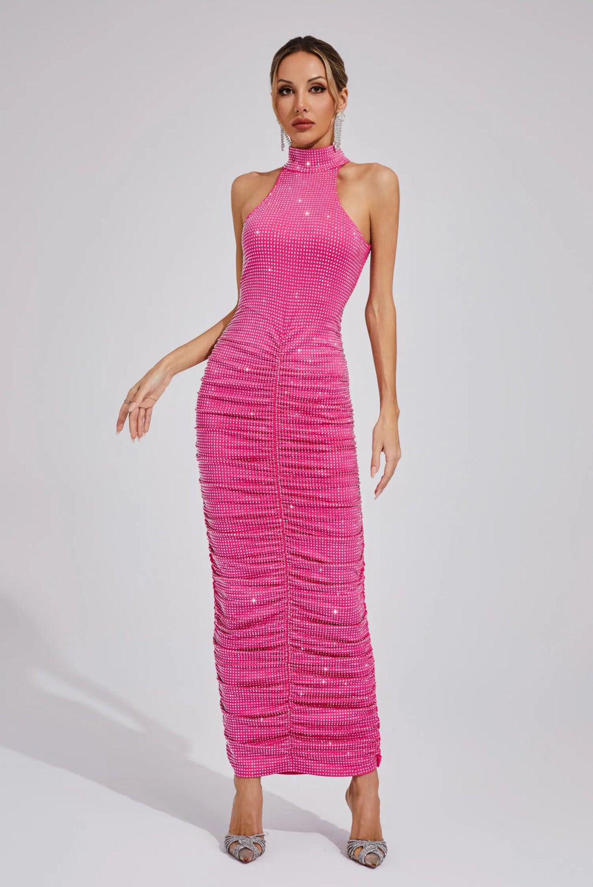 Kaia Rhinestone Ruched Maxi Dress