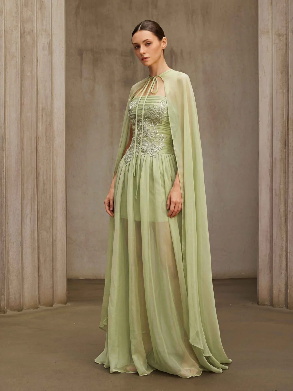 Sage Embroidered Cape Gown