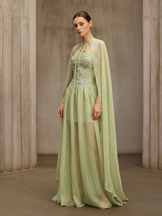 Sage Embroidered Cape Gown
