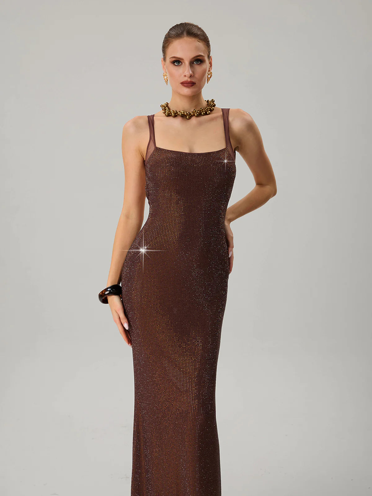Crystal Mesh Column Gown