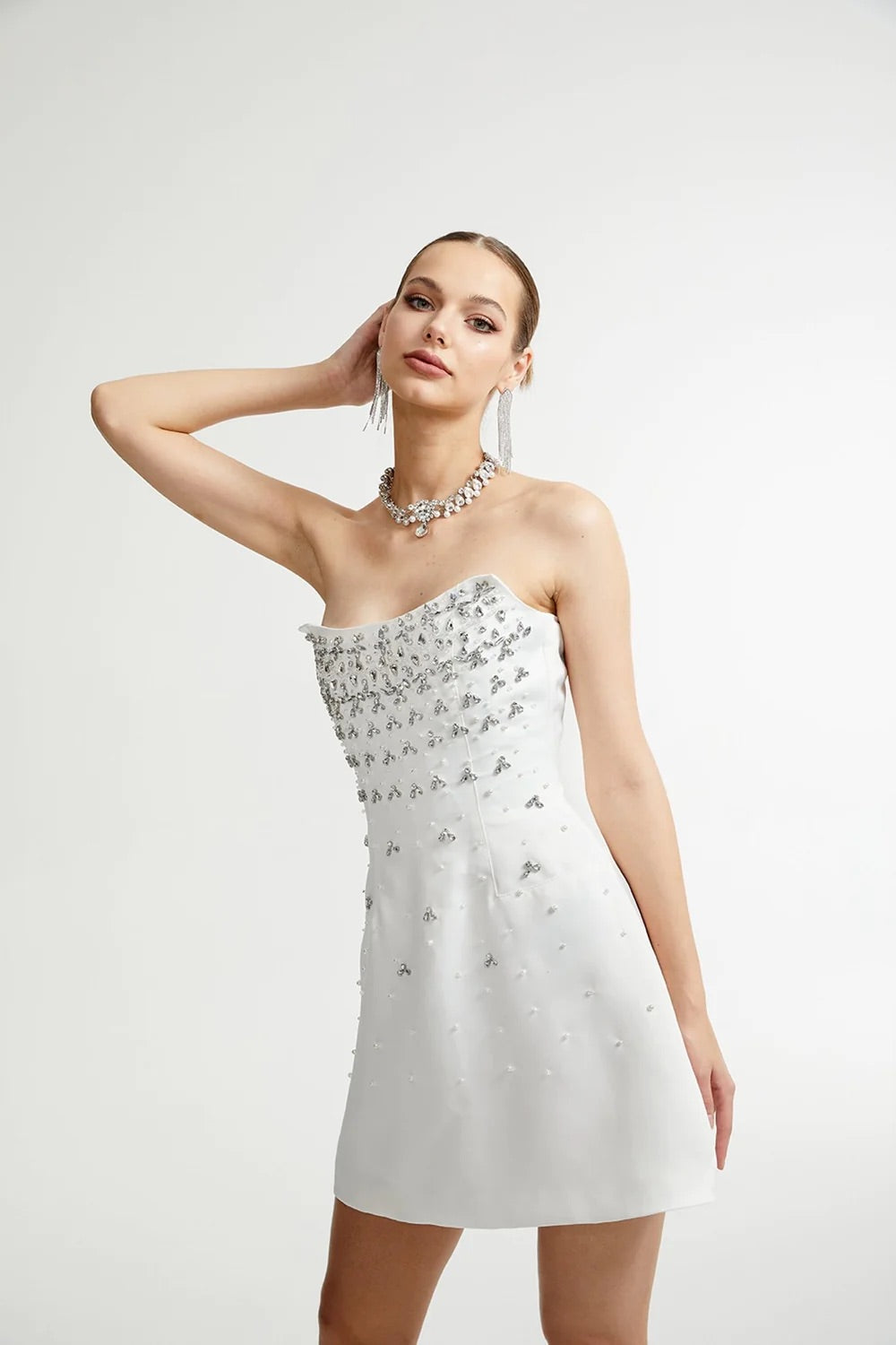 Crystals and Pearl white mini dress