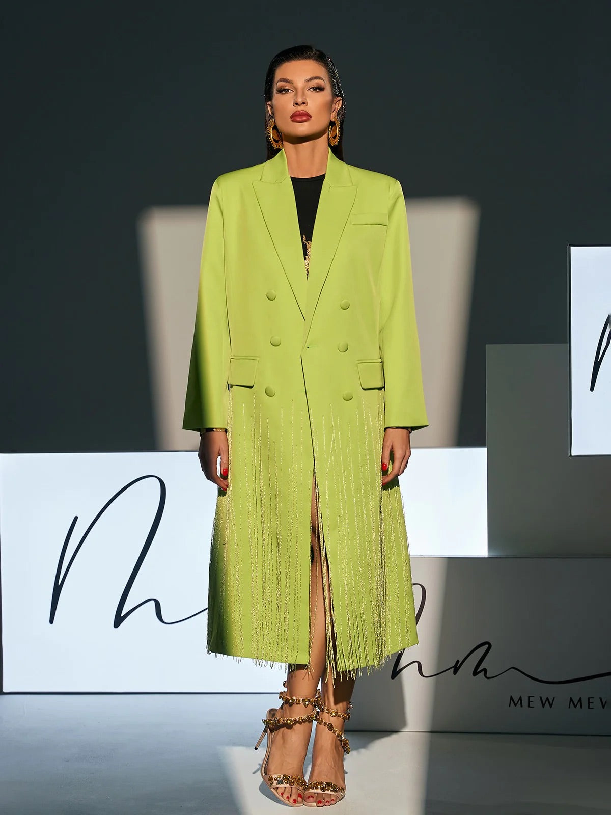 Neon green crystal fringe blazer coat (8293490622702)