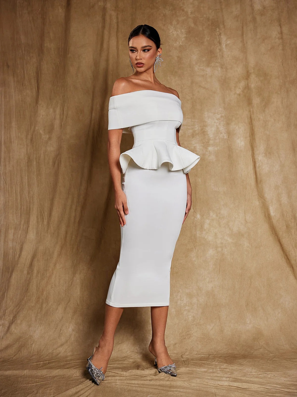 Off shoulder flounce midi dress