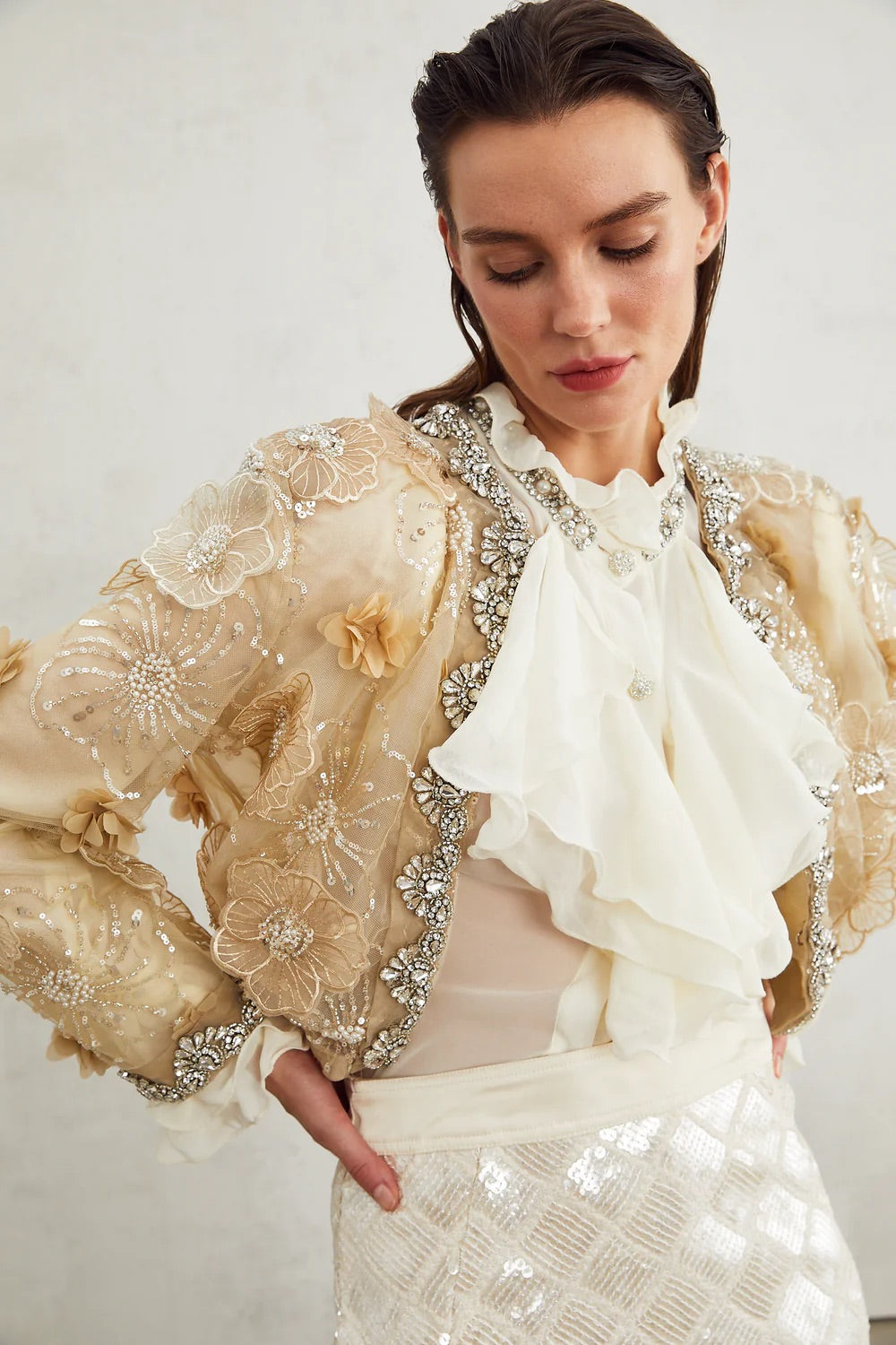 SEMI-SHEER FLOWER BEADED ORGANZA LIGHT LUXURY JACKET