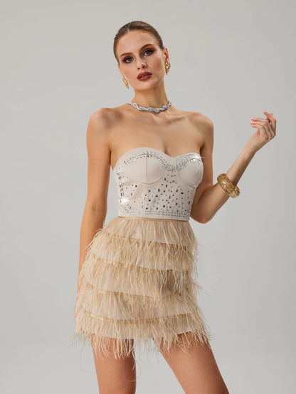 Champagne Feather Embellished Mini Dress