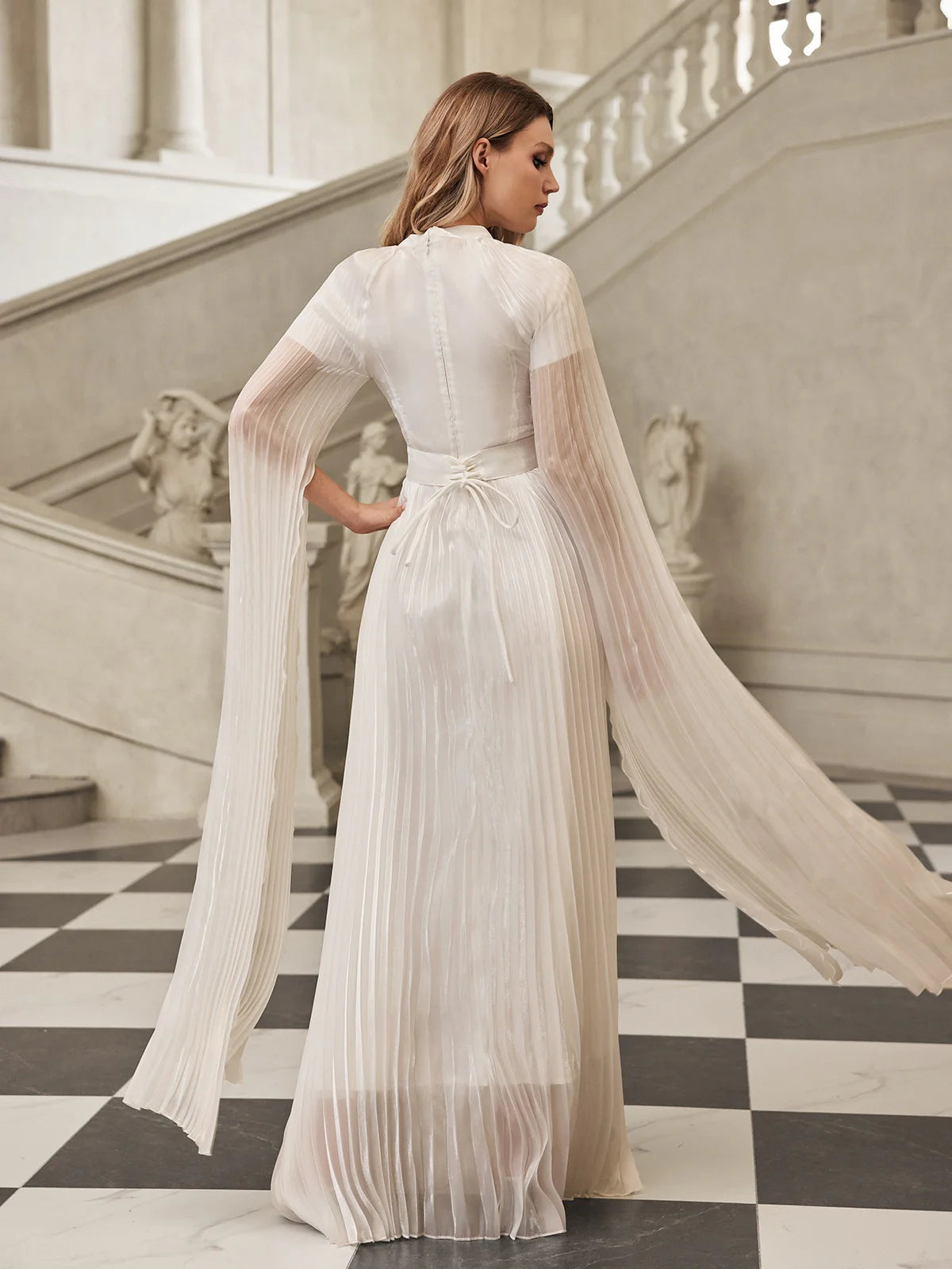 Celeste Pleated Wing-Sleeve Gown