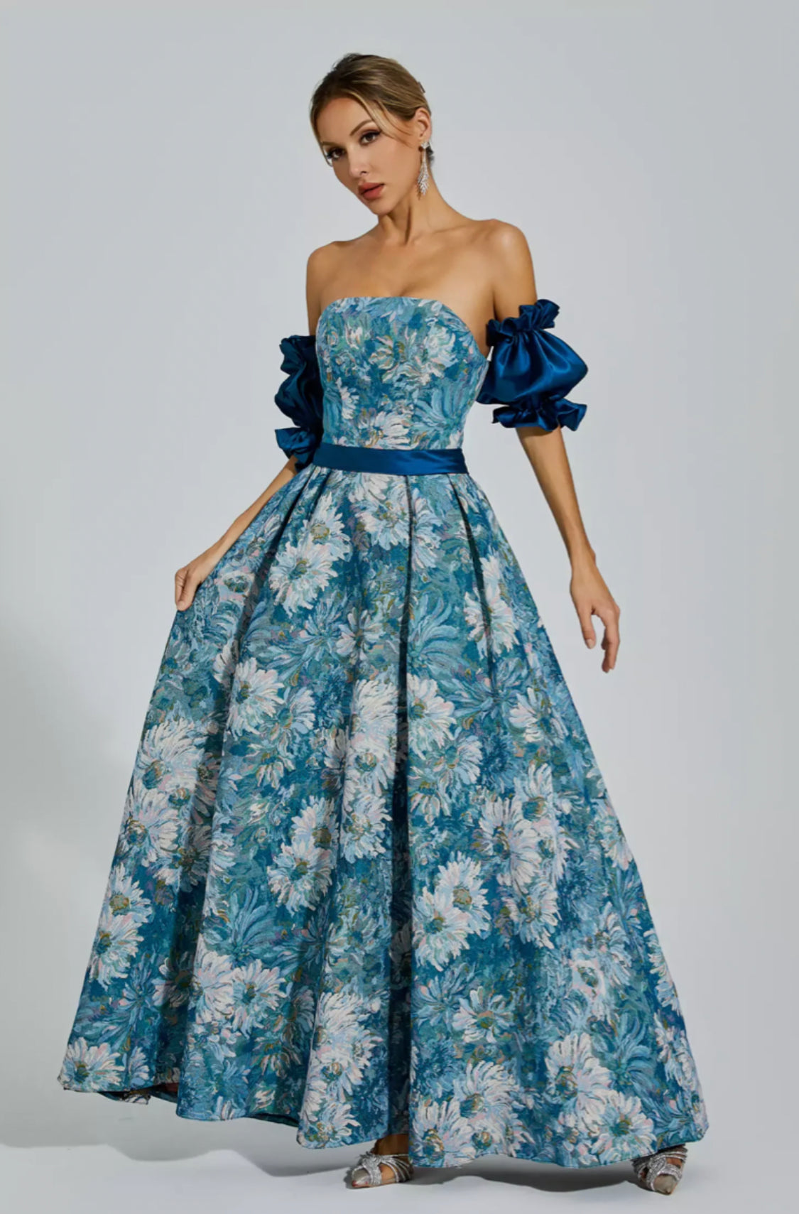 Samia flower off shoulder blue maxi dress