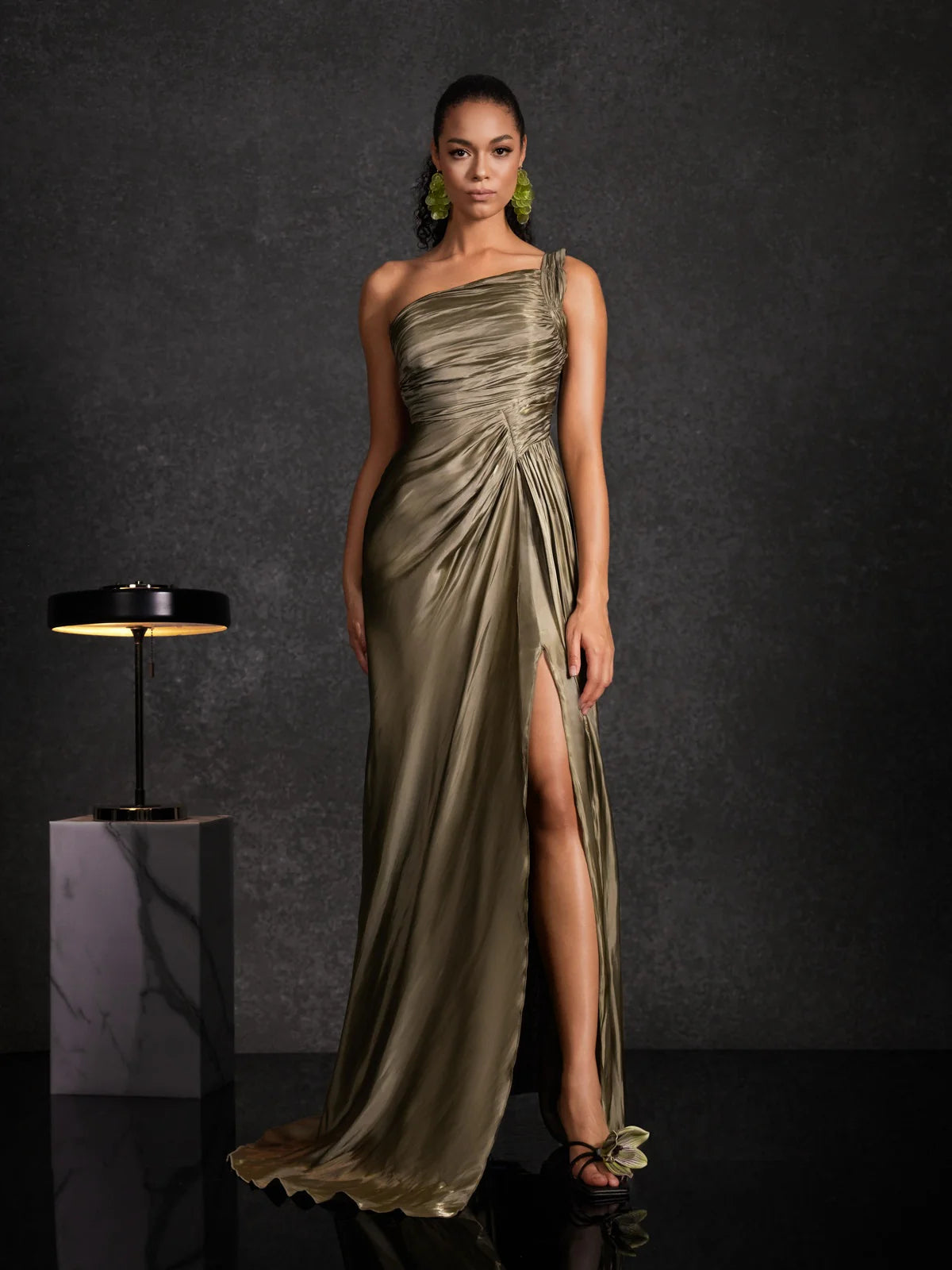 Olive One-Shoulder Satin Gown