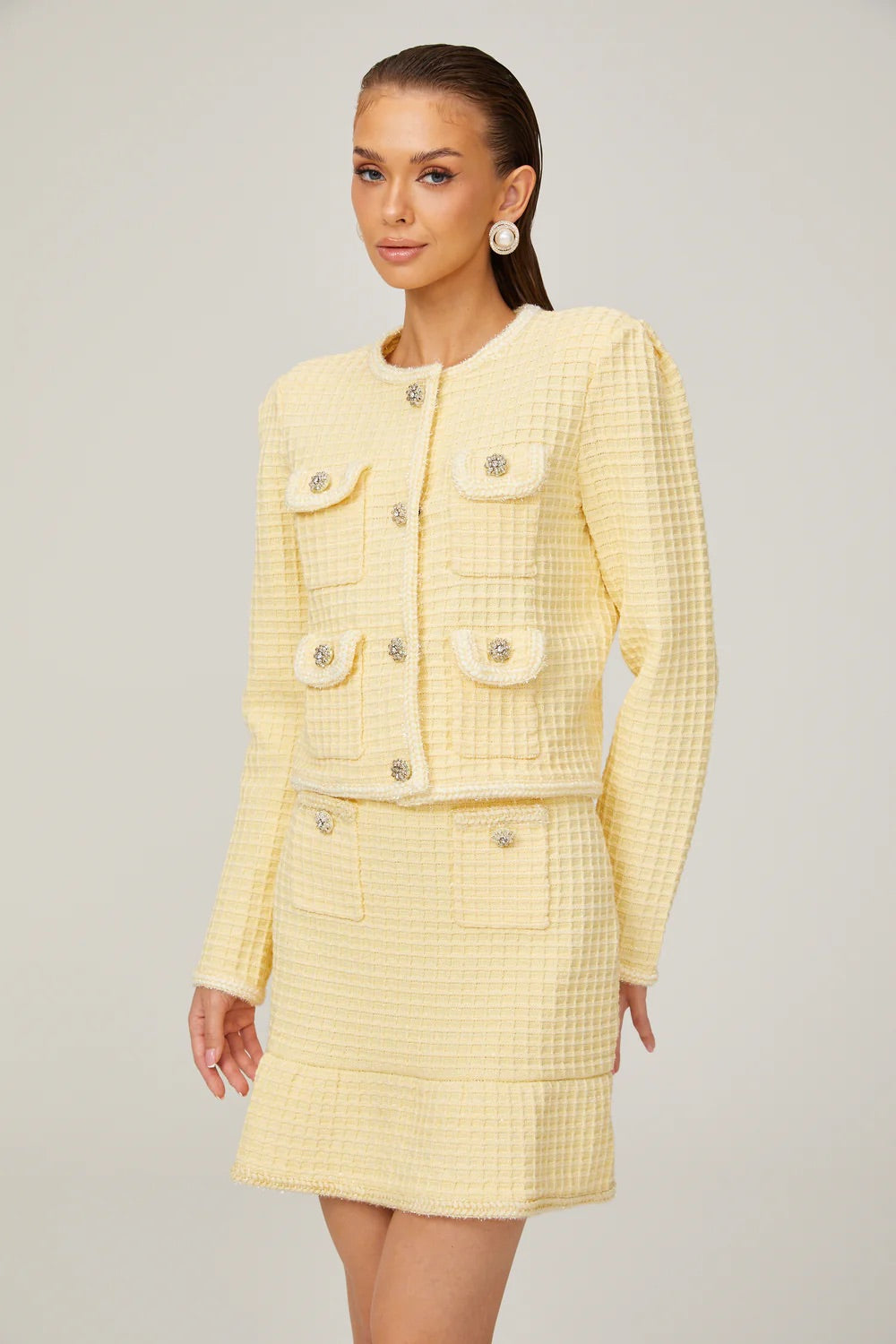 Yellow Waffle-knit jacket/skirt set