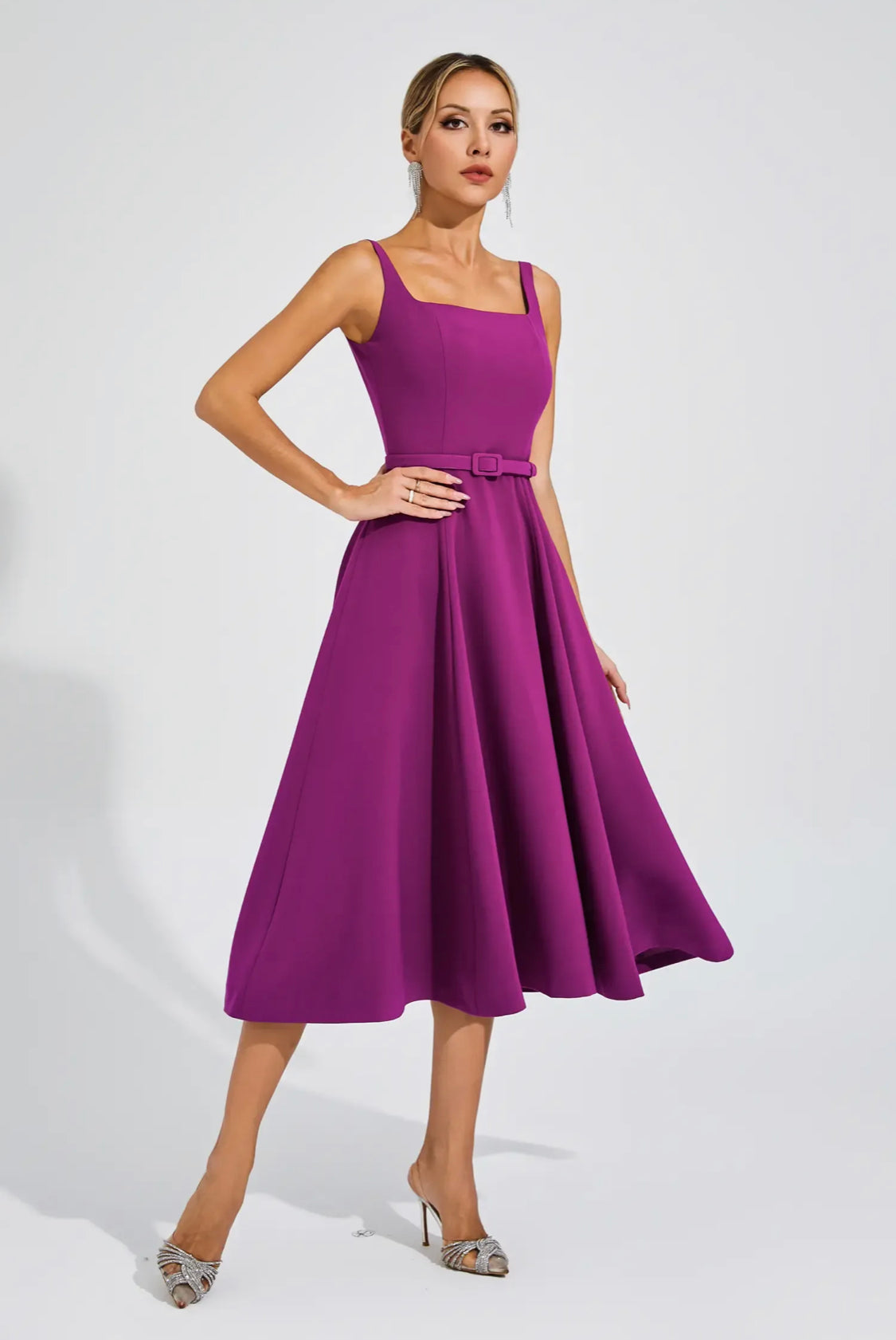 Leila purple belted midi dress