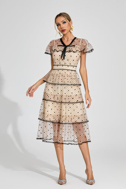 Étoile Noir Tiered Polka Dot Lace Midi Dress