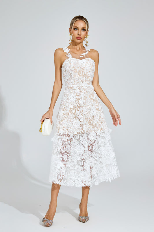 Amélie White Floral Lace Midi Dress
