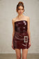 Wine-red sequin leather mini dress