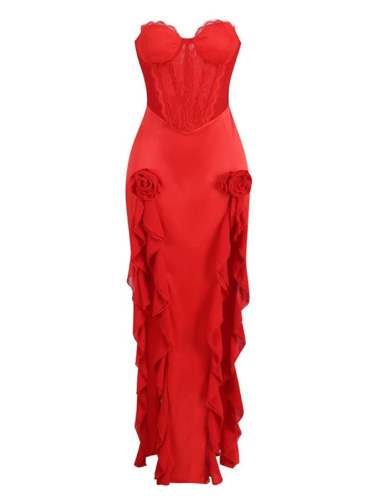 Red satin/lace corset style maxi dress (8293351325934)