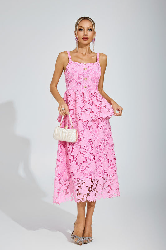 Amélie Pink Lace Peplum Midi Dress
