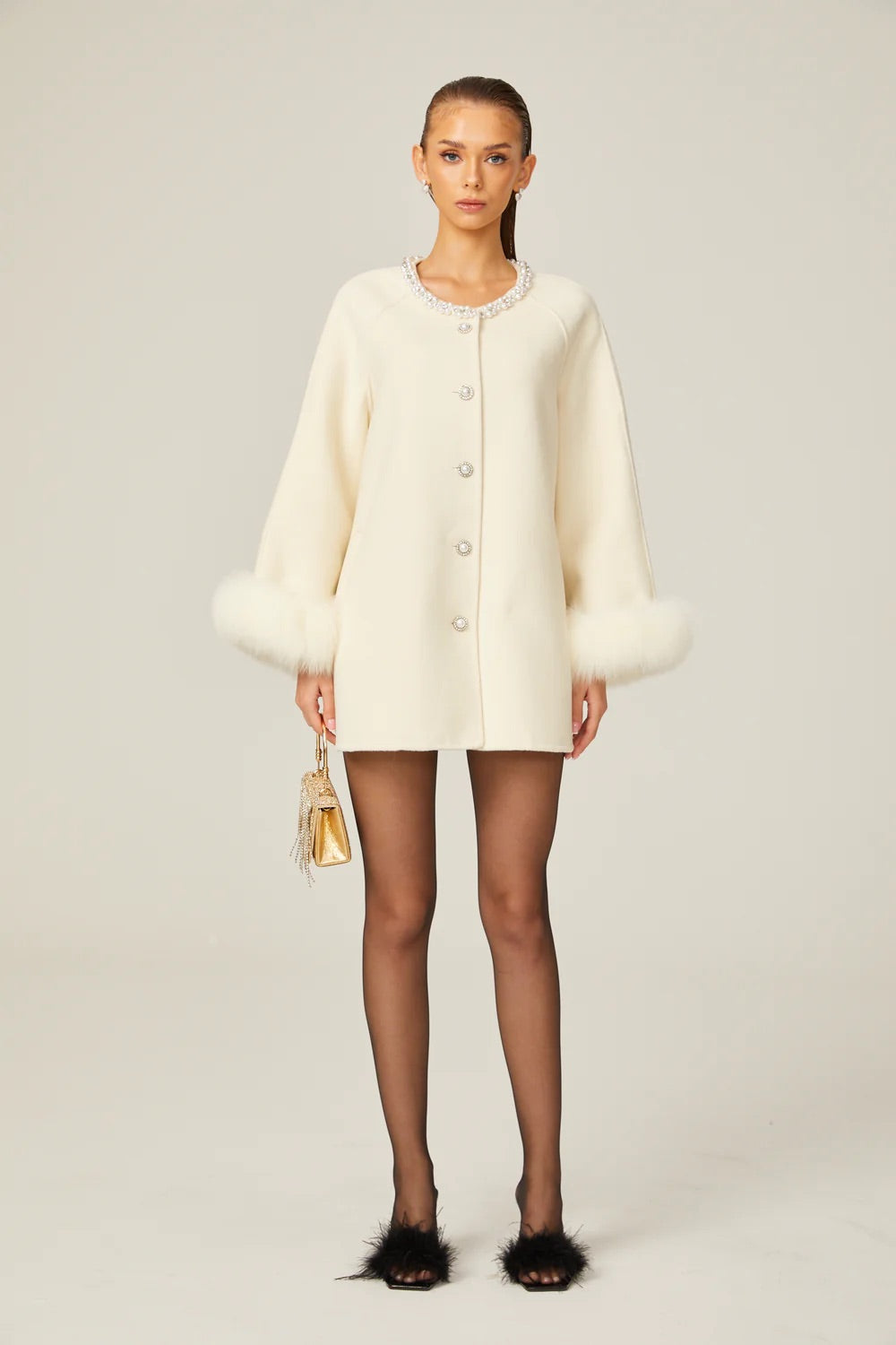 Wool fur crystal embellished coat