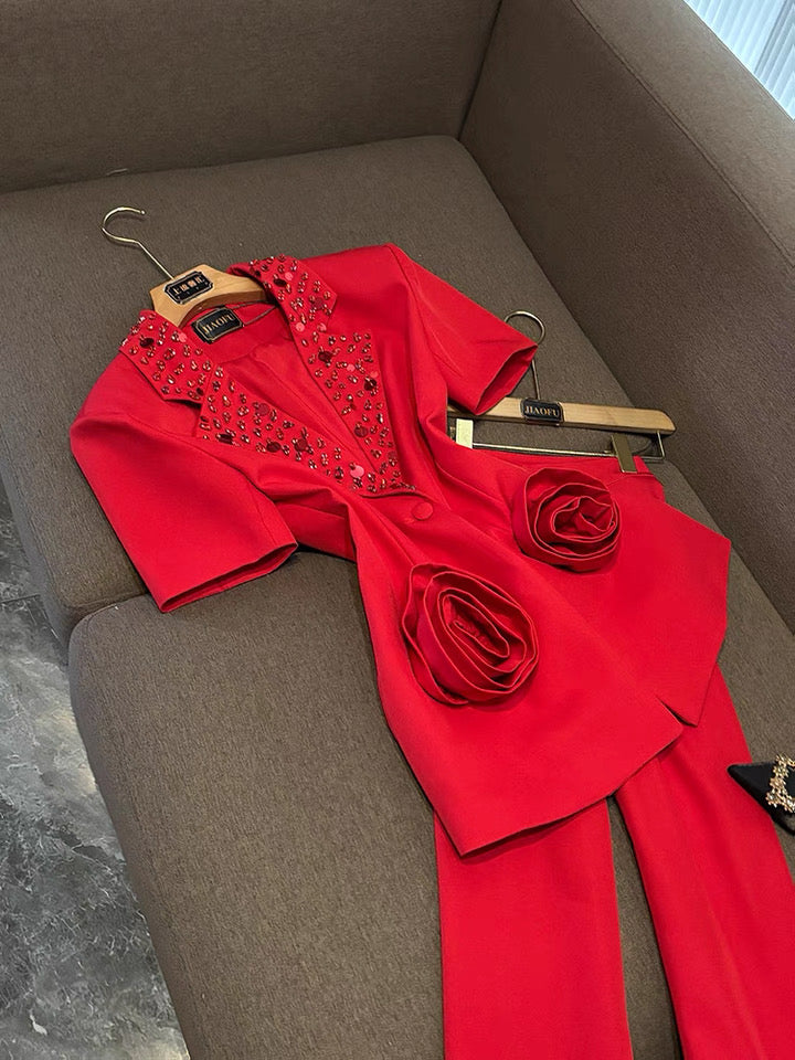 Camélia Flower Blazer Red Suit Set