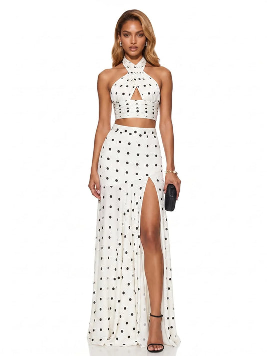 Celeste Polka Dot Halter Maxi Set