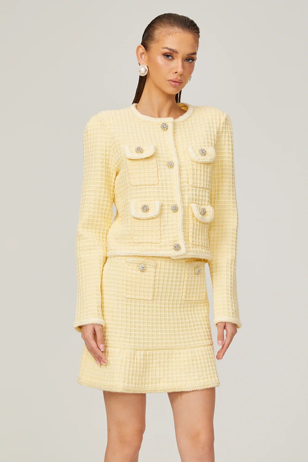 Yellow Waffle-knit jacket/skirt set