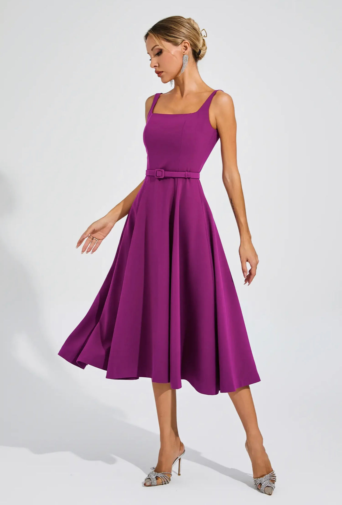 Leila purple belted midi dress