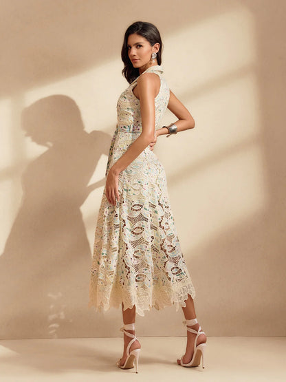 Pastel Bloom Lace Midi Dres
