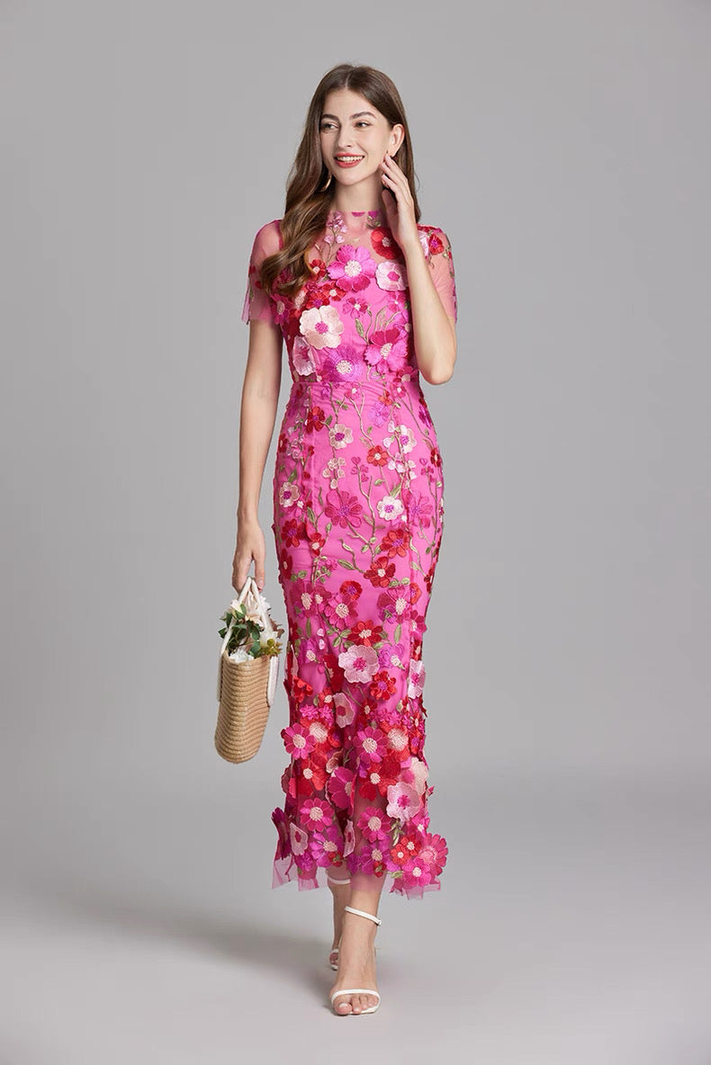 Soleil Bloom Flower Embroidered Midi Dress
