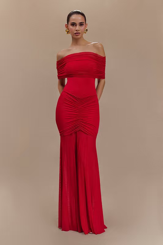 Red Sheer Ruched Strapless Gown