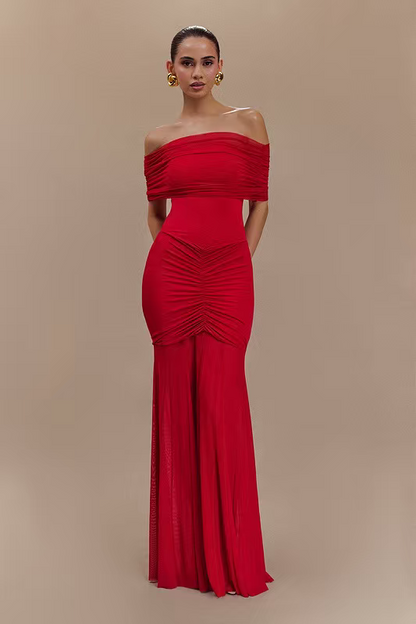 Red Sheer Ruched Strapless Gown