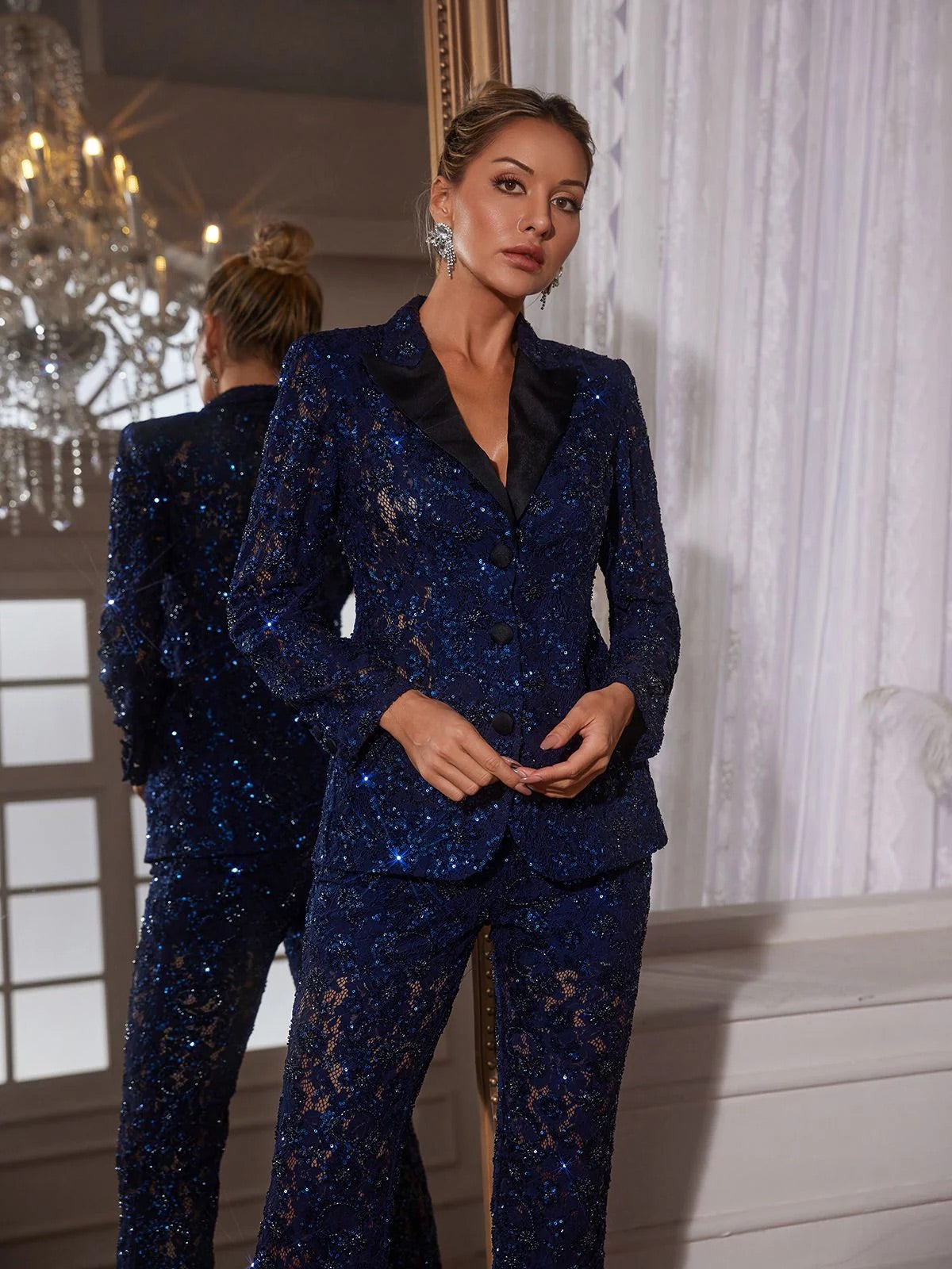 Blue sequins blazer suit set