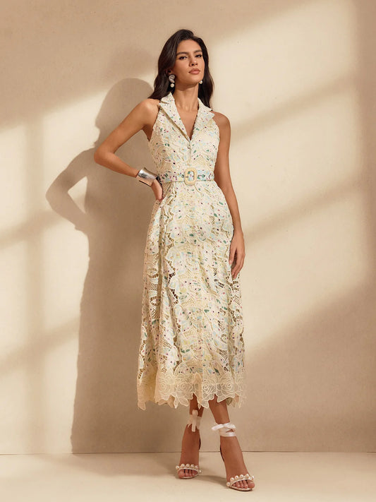 Pastel Bloom Lace Midi Dres