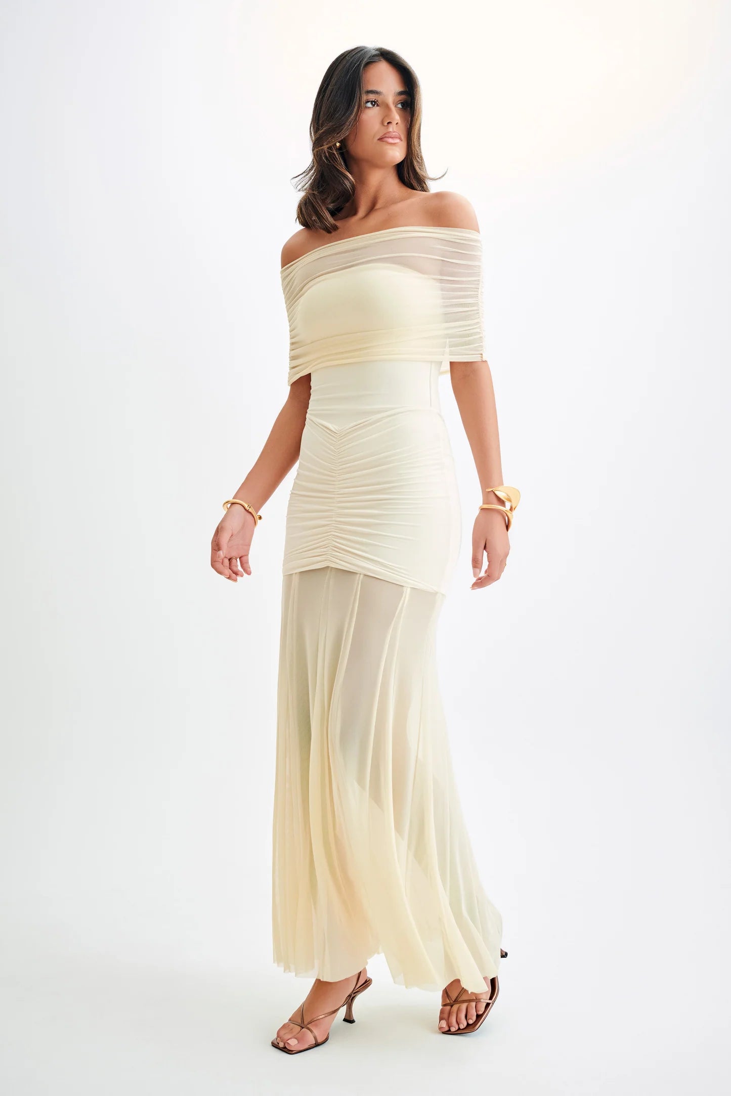 Nude Beige Sheer Ruched Strapless Gown