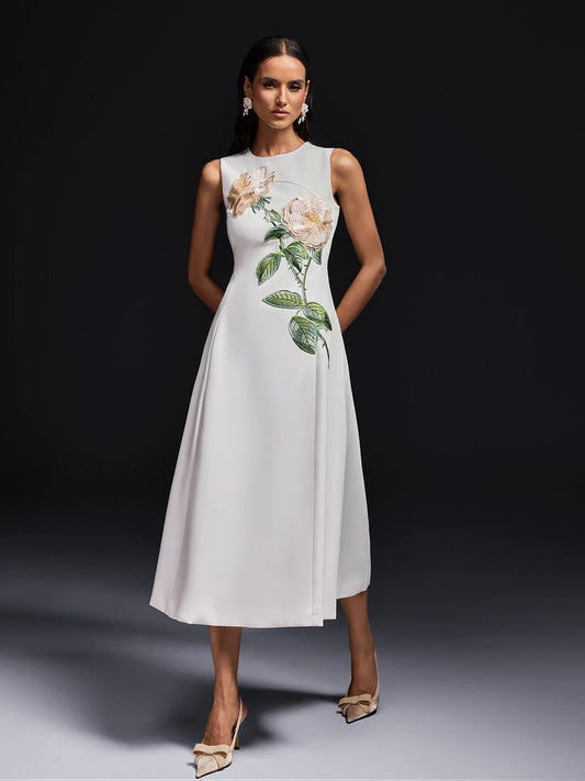 Fleur de Grâce Embroidered Midi Dress