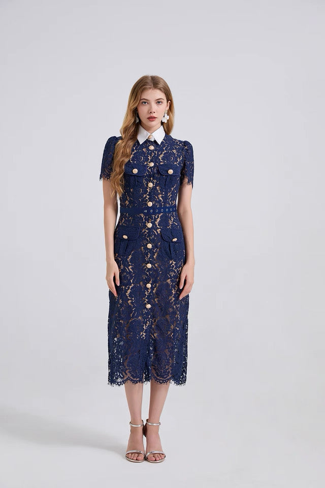 Guxi Navy Lace Collar Dress