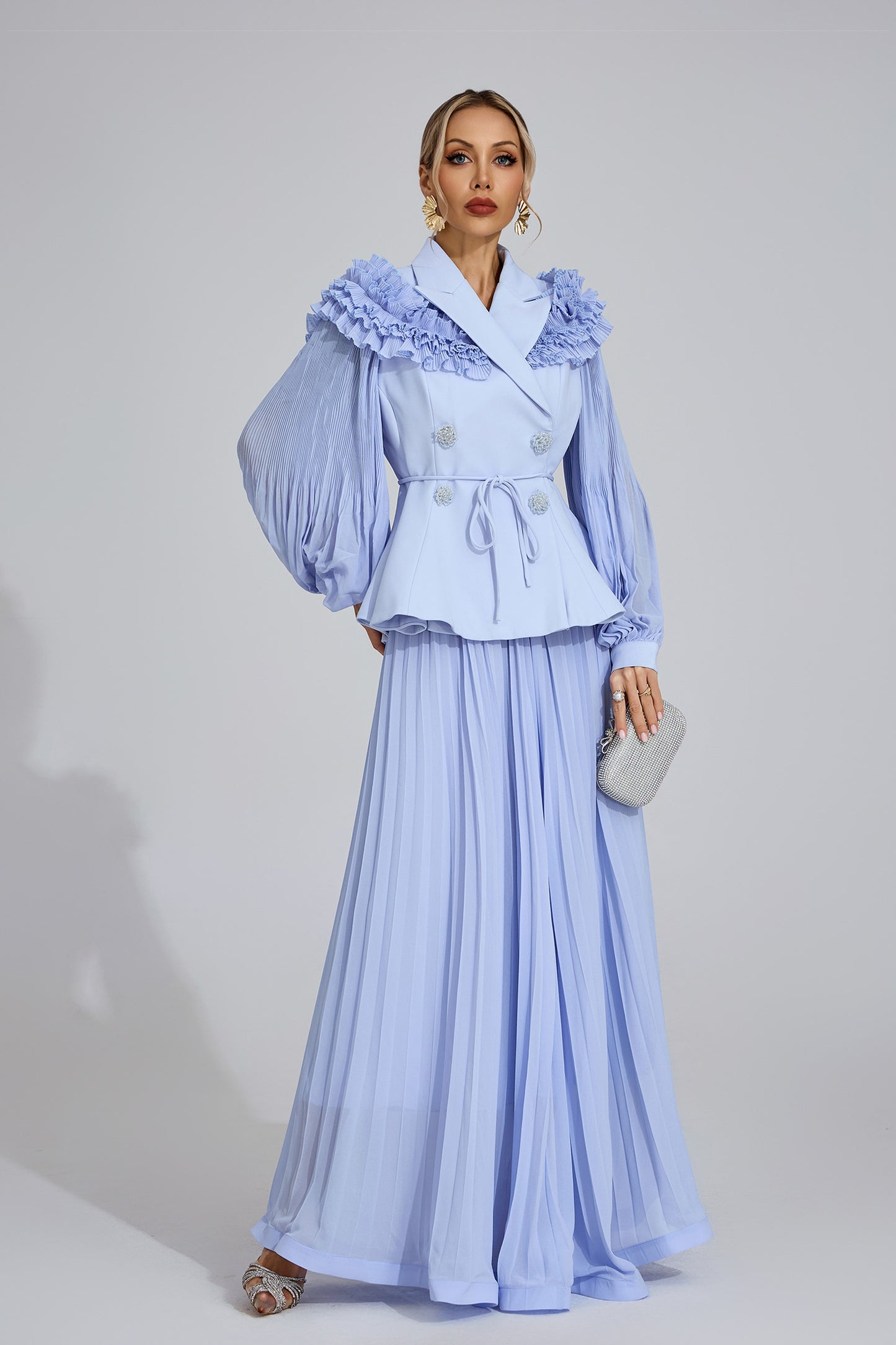 Ruffle-Shoulder Pleated Set