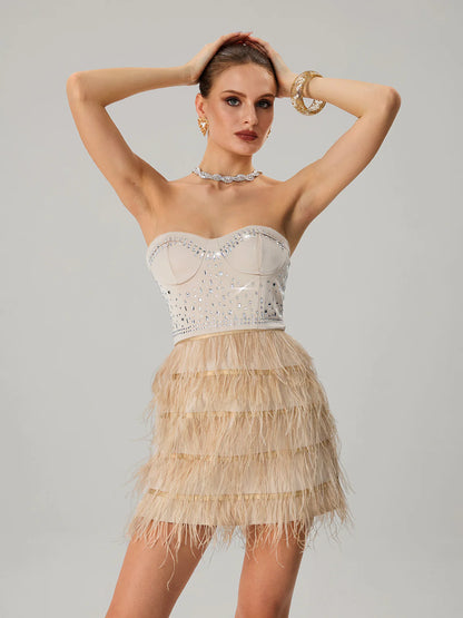 Champagne Feather Embellished Mini Dress