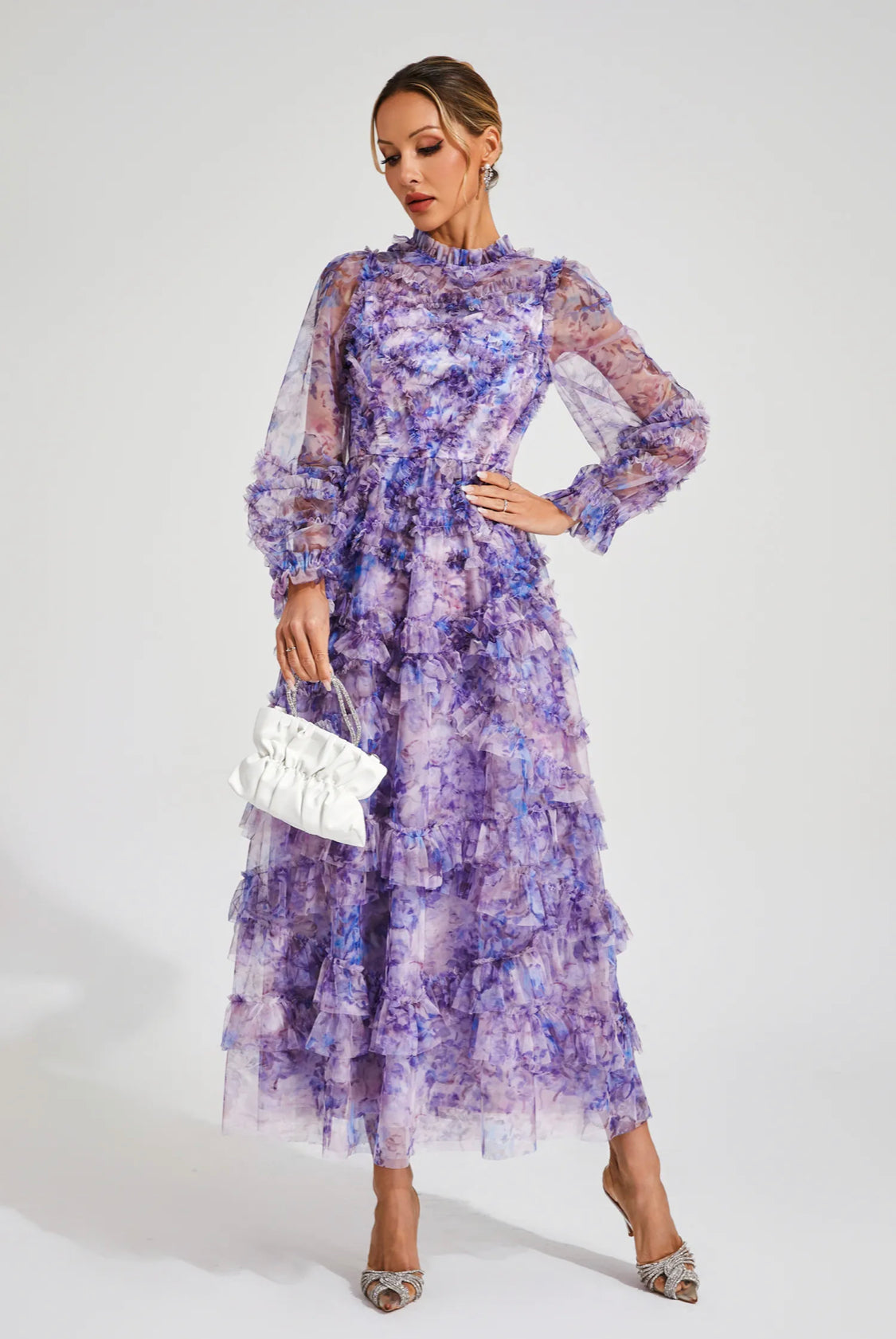 Floral purple mesh midi dress (Preorder)