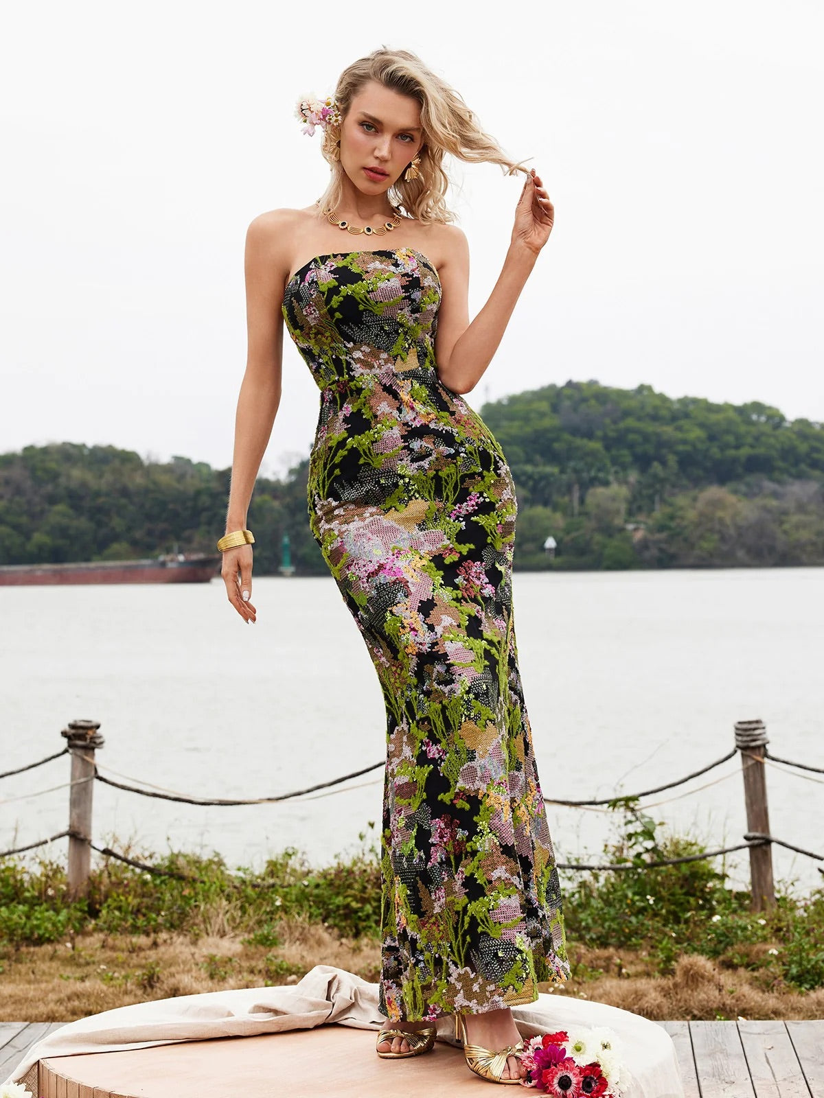 Siella Flower sequin maxi dress