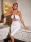 Halterneck crystal white midi dress