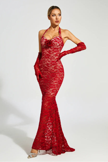 Red lace flower maxi dress
