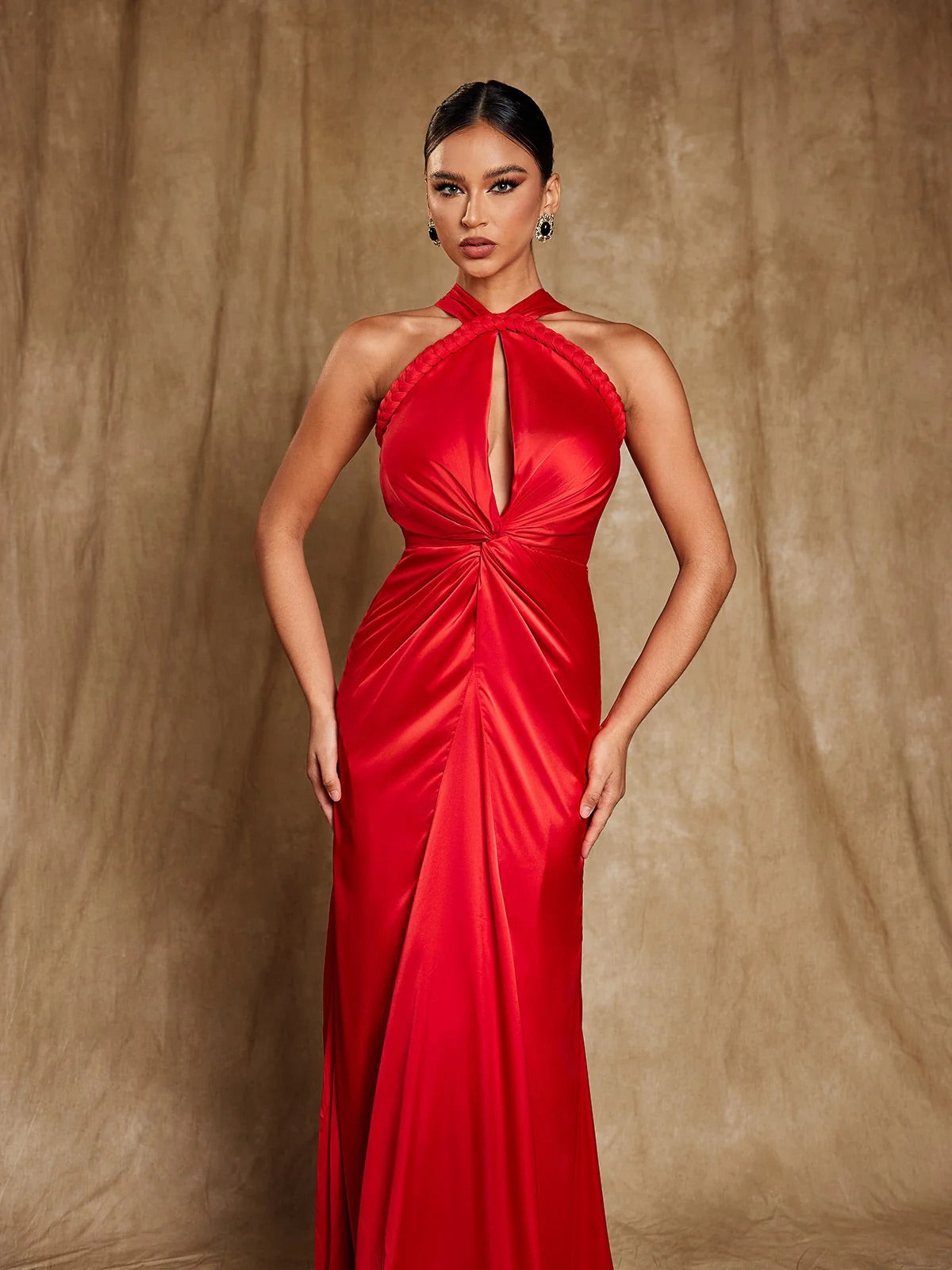 Halterneck satin red maxi dress