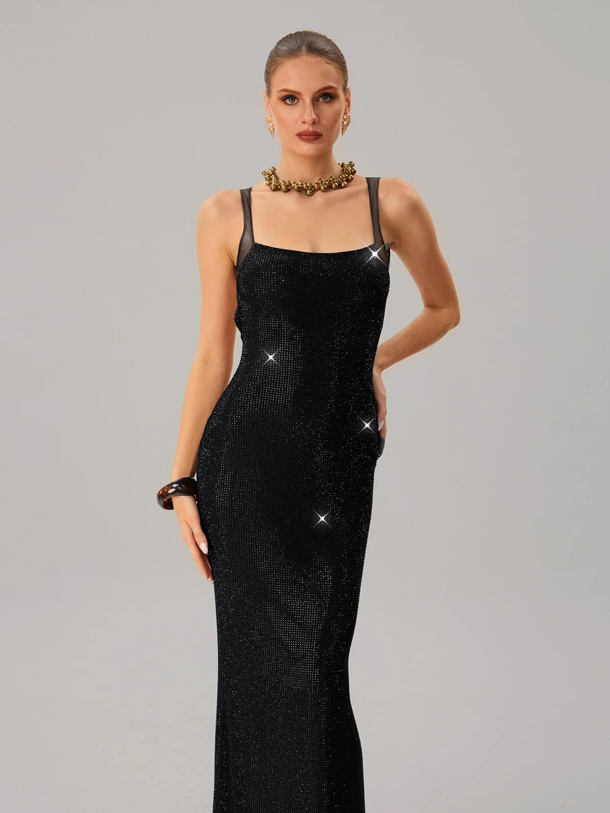 Crystal Mesh Column Gown