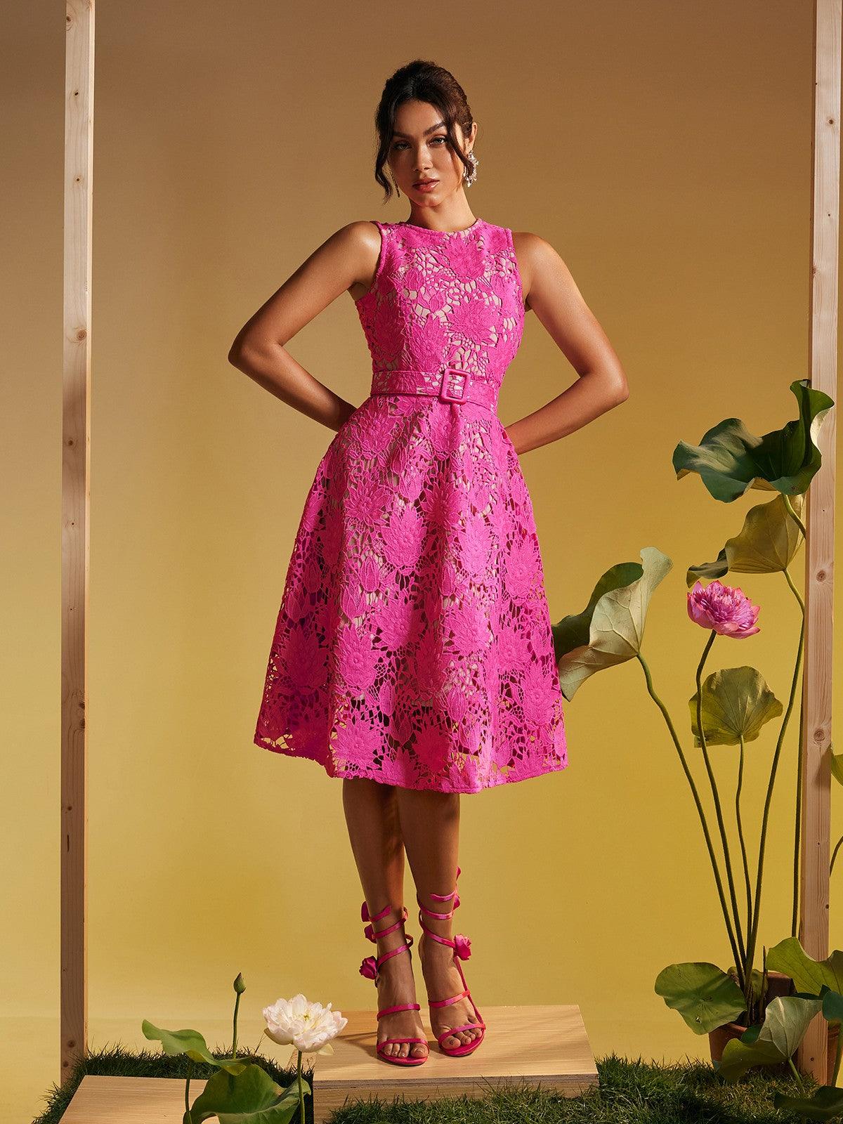 Briana pink belted midi dress