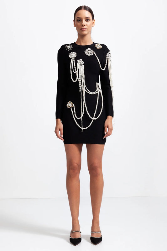 Pearl chains black mini dress (8284700147950)