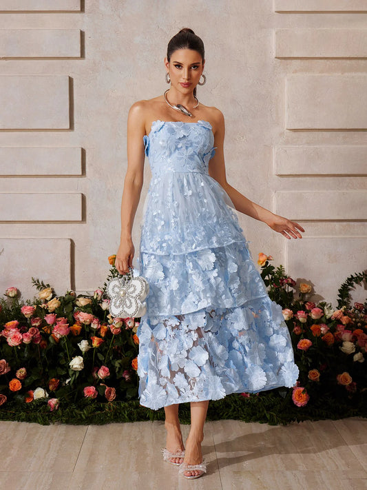 Embroidered blue flower maxi dress