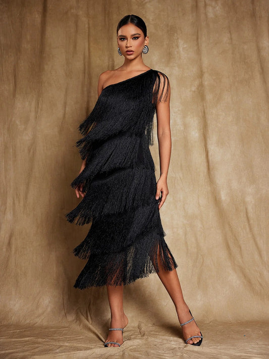 Black one shoulder fringe midi dress