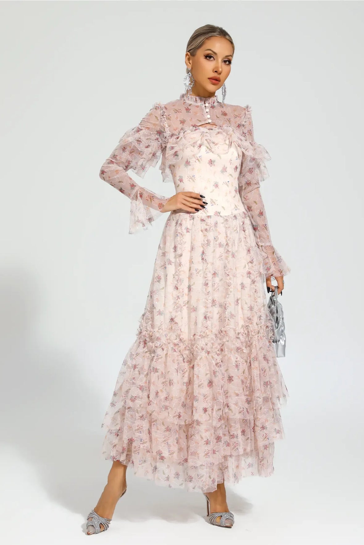 Pink mesh floral maxi dress